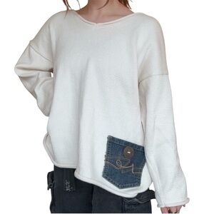 Shannon Passero Cotton White Pullover Knit Sweater Denim Pocket Minimalist